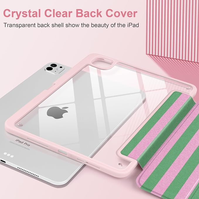 DONGKE for iPad Pro 11-Inch Case (M5 2025 / M4 2024) 6th/5th Generation [Auto Sleep/Wake &amp Pencil Pro Holder] Clear Acrylic Back Smart Trifold Stand Cover Bear &amp Cherry