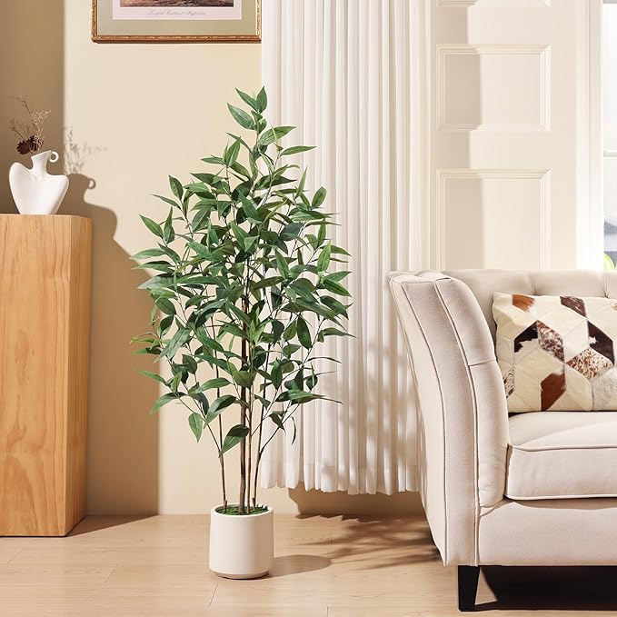 Artificial Eucalyptus Tree，4FT UV Resistant Fake Outdoor Plants,Artificial Plants Indoor with White Planter,Silk Leaves,Faux Tree for Home Decor Floor Porch Liveing Room