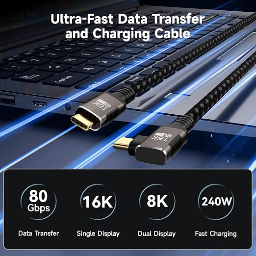 right angle USB C long Cable 10FT Compatible With Thunderbolt 5/4Type C 240W Fast ChargingUSBC 16K@60Hz/8K@120Hz HD Video Output for Display90 degree USB 5/4 Cable 80Gbps Data Transfer for SSD/Dock