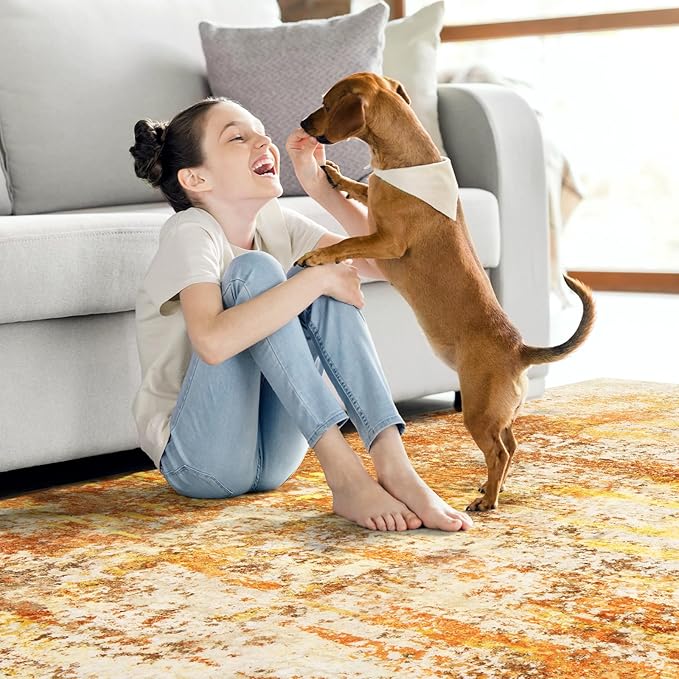 Washable Area Rugs 8x10 - Abstract Living Room Rugs Modern Neutral Soft Rug Stain Resistant Non-Slip Low Pile Large Carpet for Bedroom Dining Room Nursery Home Office - Orange/Gold