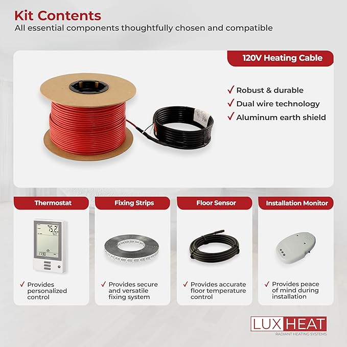 40sqft Floor Heating Cable Kit - 120v In Floor Heating System for Tile - Heated Flooring System - Includes UDG Programmable Thermostat w/GFCI, Heater Cable, Strapping, Flooring Sensor & Alarm