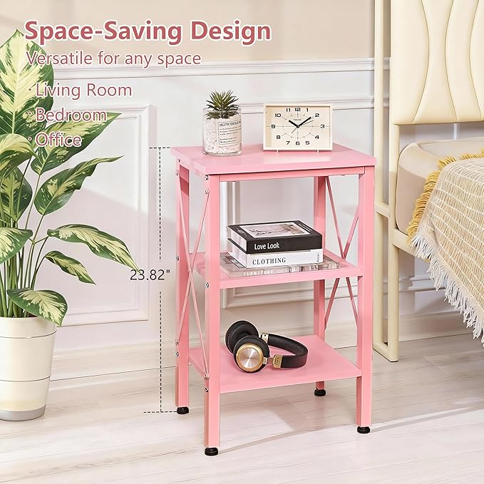 VECELO End Table Set of 2, Bedside Table, 24" Tall Living Room End Tables, X-Design Reinforced Nightstands, Side Table with 3-Tier Storage Shelves for Small Spaces, Office, Bedroom, Pink