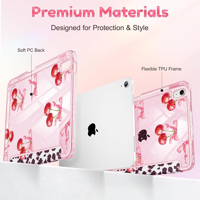 for iPad Air 11 inch M4/M3/M2 (2026/2025/2024) iPad Air 5th/4th Gen (2022/2020) 10.9 inch with Pencil Holder Glitter Clear Pretevtive Cover Auto Wake/Sleep Black Cartoon Stickers