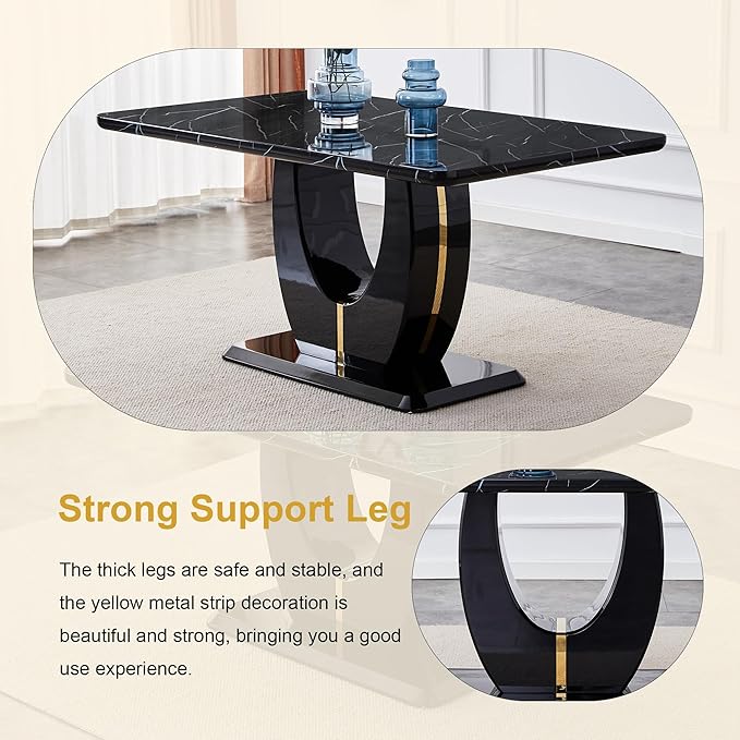 Dining Table Set for 4, Kitchen Table Chairs Set of 4, Modern Dining Room Set with 63 inch Marble Dinner Table PU Leather Upholstered Chairs for Dining Room Kitchen