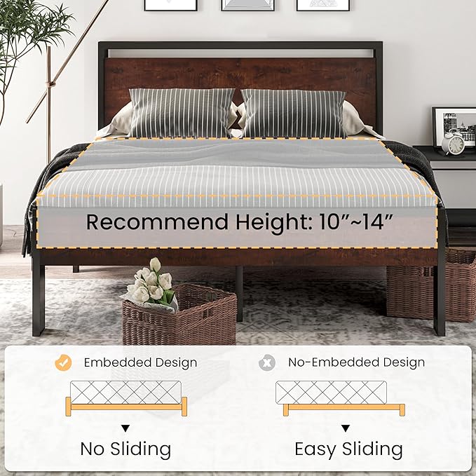 SHA CERLIN 14 Inch King Size Metal Platform Bed Frame with Wooden Headboard and Footboard, Mattress Foundation, No Box Spring Needed, Large Under Bed Storage, Mahogany