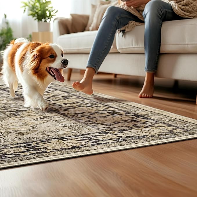 Hazel Brown 8x10 Area Rugs for Living Room Washable Non Slip Boho Rugs Soft Faux Fur Low Pile Stain Resistant Vintage Euro Floral Large Carpet Rug Aesthetic Retro for Bedroom Dining Room Family Room