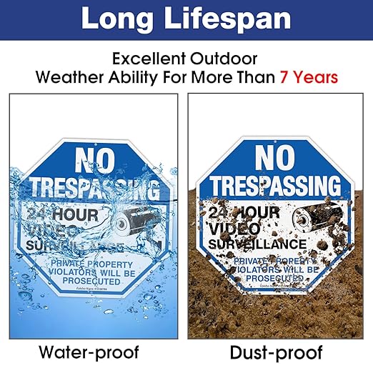 4-Pack No Trespassing Sign Private Property Protected By Video Surveillance Violators Will Be Prosecuted Sign, 10 x 10 Inch Reflective Aluminum, UV Protected, Weather/Fade Resistant, Easy to Install