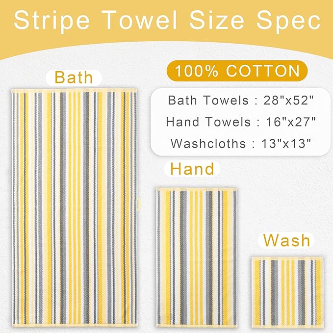 Bath Towels with Hanging Loops, 3PC Striped Towels - 100% Cotton, Quick Dry, Soft, Absorb & Lightweight, 1 Bath 28"x52", 1 Hand 16"x27", 1 Washcloth 13"x13", Shower Towel Decorative Set, Yellow + Gray