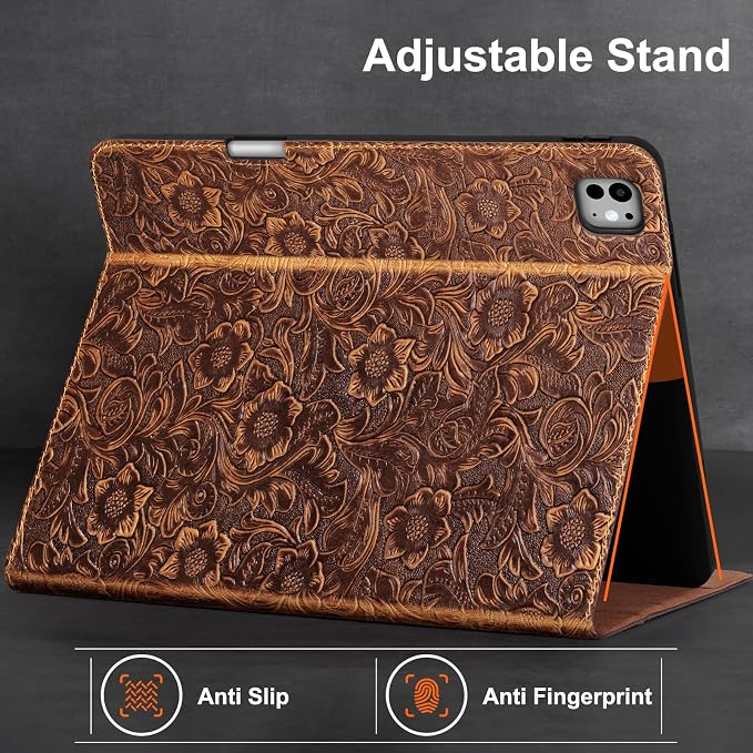 Gexmil Leather Case for iPad Pro 11 Inch M5/M4 2025/2024Crocodile Brown | Genuine Leather CoverPencil HolderMagnetic ClosureSmart Folio Auto Sleep/WakeProtectiveAdjustable Stand