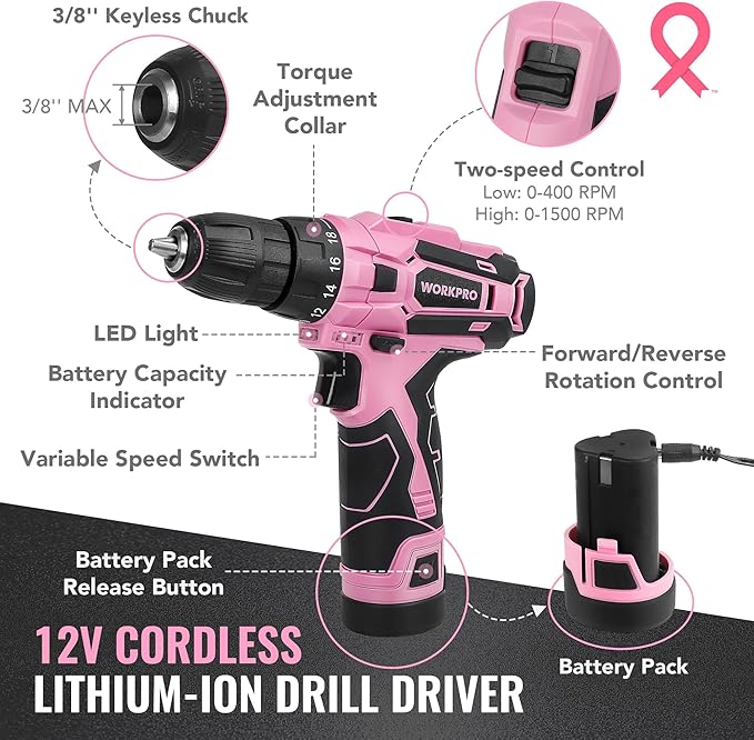 WORKPRO Pink Tool Set with Power Drill, 108PCS Portable Ladies Pink Drill Kit for Home with Toolbox and Pink Hammer, 1.5 Ah Cordless Drills with Keyless Chuck and Variable Speed Trigger - Pink Ribbon