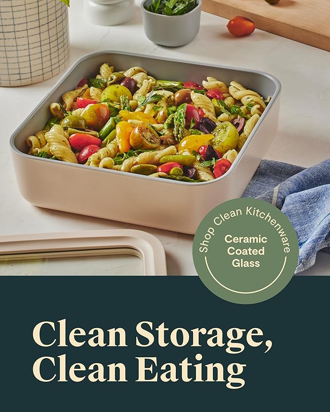 Caraway Glass Food Storage - 10 Cup Glass Container - Ceramic Coated Food Container - Non Stick Lunch Box with Lids - Dishwasher, Oven, & Microwave Safe - Square Shape - Mist