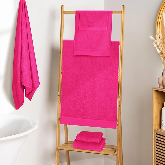Ultra Soft 6 Pack Cotton Towel Set, Contains 2 Bath Towels 28x55 inch, 2 Hand Towels 16x24 inch & 2 Wash Coths 12x12 inch, Ideal Everyday use, Compact & Lightweight - Hot Pink