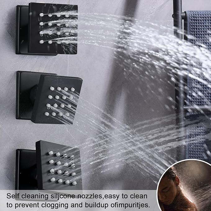 KATAIS Matte Black Tempreature Display Shower System with 6 PCS Body Jet, 8 inch Wall Mount Shower Head and Handheld Spray
