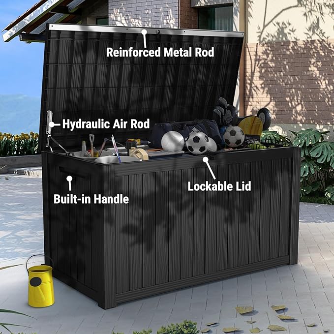 Mars Villa 180 Gallon Outdoor Storage Box, Large Resin Deck Box Waterproof, Storage Bin for Outside Patio Furniture Cushions, Pool Supplies, with Hydraulic Hinge, UV Resistant and Weatherproof, Black