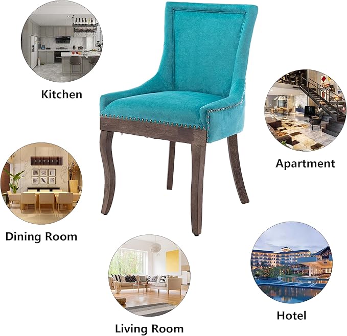 Farmhouse Dining Chairs Set of 4, Upholstered Fabric Dining Room Accent Chairs with Wood Legs & Bronze Nailhead, High Wingback Kitchen Chairs for Living Room Hotel Apartment, Blue