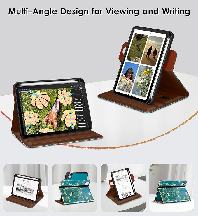 DTTO for iPad mini 7 A17 Pro 2024 aslo fit iPad mini 6 2021 Dark Brown | 360 Degree Rotating Premium Faux Leather Folio Stand Cover with Pencil Holder Auto Sleep/Wake Multiple Angles Hand Strap