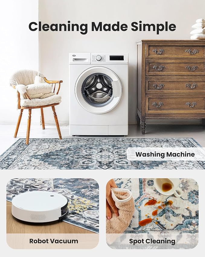 AMADA HOMEFURNISHING 5ft Round Area Rug, Low-Profile Washable 5x5 Rugs with Non-Slip Backing & Durable Edge Binding, Vintage Rug for Kitchen, Bedroom & Hallway, Blue