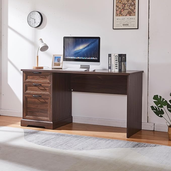 60" Farmhouse Executive Desk with Charging Station,Home Office Desk with 2 Drawers &1 File Cabinet,Wood Work Desk for Office and Home (Brown)