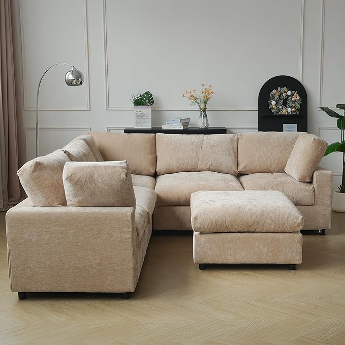 JACH V Shape Sectional Couches with Chaise Ottoman, Convertible Modular Sofa, Cloud Sectional Couch, Sofa Covers Washable, Minimalist Couch for Living Room, Apartment, Khaki