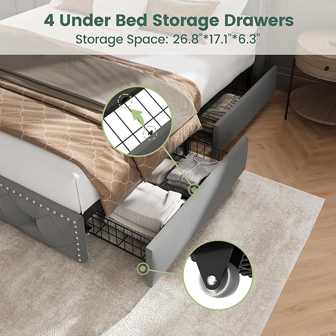 LARMACE Queen LED Bed Frame with Storage Headboard and USB Charging Station, Velvet Upholstered Platform Bed Frame with 4 Drawers, Tufted Beds with Heavy Duty Wood Slats Support, Easy Assembly, Grey