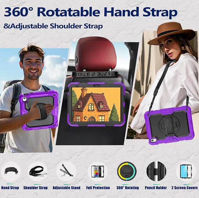 Weuiean Case for iPad A16 11th/10th Generation 11/10.9 Military-Grade Heavy-Duty Shockproof Cover with 360° Rotating Stand Built-in Pencil Holder &amp Adjustable Hand/Shoulder Strap - Black