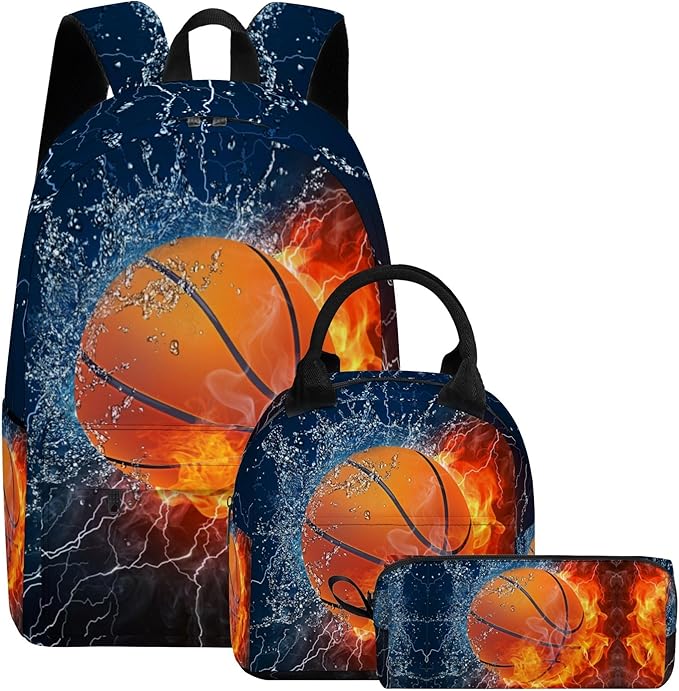 3PCS Backpack for Boys Girls, Kids Basketball Back to School Backpack Sets with Lunch Bag Pencil Case, 17 Inch Lightweight Bookpack 3 in 1 Set for Teens Elementary Middle High School Students