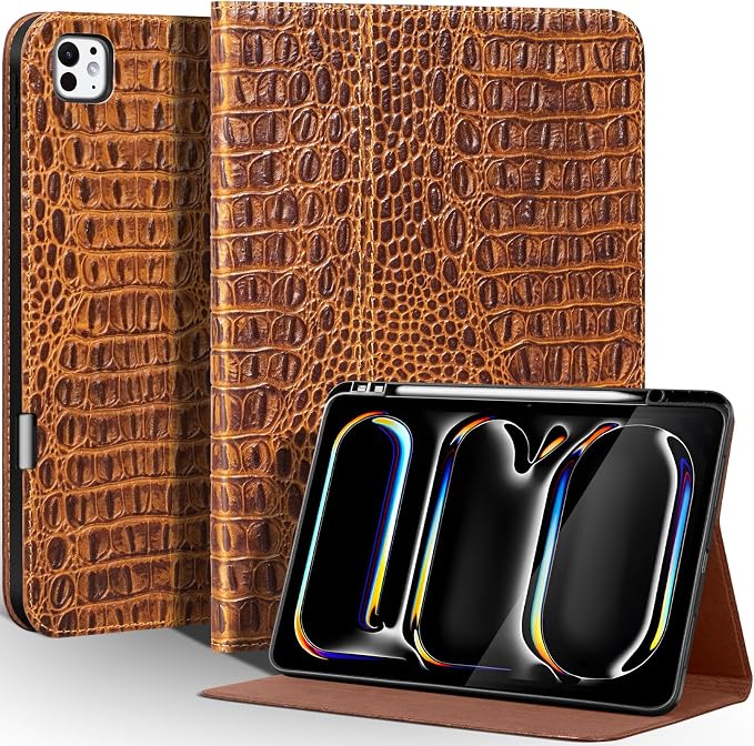 Leather Case for iPad Pro 13 Inch M5/M4 2025/2024Silver Black | Genuine Leather Cover with Pencil HolderProtective Smart Folio Auto Sleep/WakeShockproofAdjustable Stand