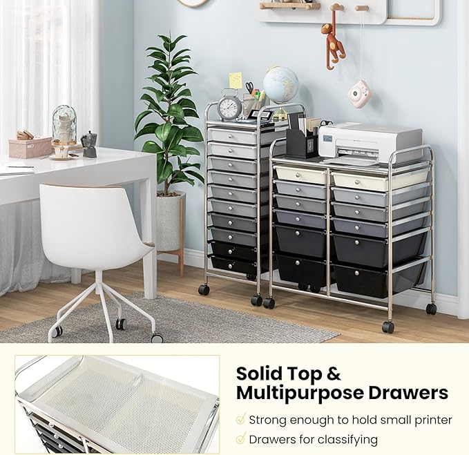 COSTWAY 12-Drawer Rolling Storage Cart, Moveable Art Craft Organizer W/Lockable Wheels, Metal Shelf, Files Arrangement Tools Makeup Storage Cart for Office, Home, School, Mixed Black