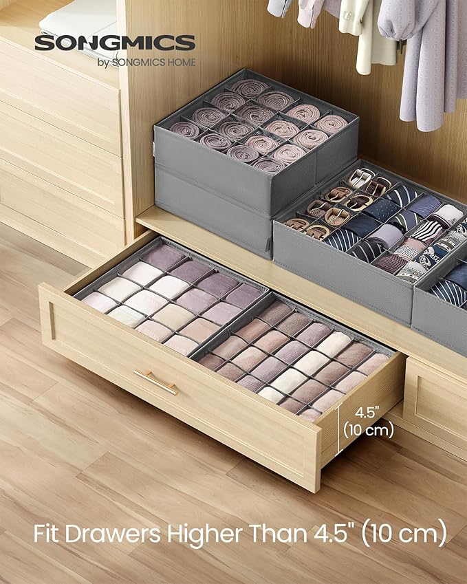 SONGMICS 6 Pack Drawer Organizers, 120 Cells (3x16+3x24), Foldable Dividers, 11.8 x 11.8 x 3.9 Inches, for Socks, Underwear, Ties, Belts, Dove Gray URUS011G02