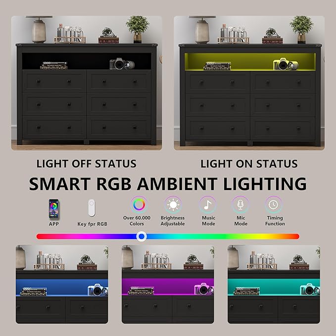 Dresser for Bedroom with 6 Drawers, Wide Chest of Drawers with LED Light and Power Outlet, Wooden Closet Organizer Clothes Storage Cabinet, Modern Double Dressers for Living Room, Hallway, Black