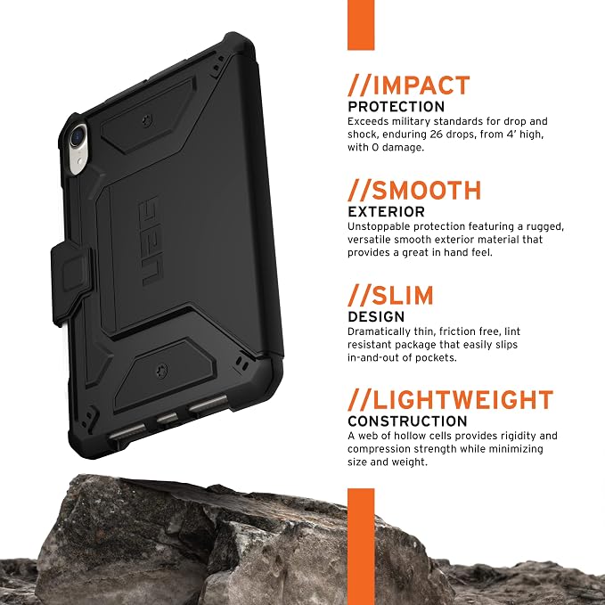 URBAN ARMOR GEAR UAG Designed for iPad mini Case (6th Gen 2021) Rugged Smooth Exterior Material Heavy Duty Multi-Angle Viewing Folio Stand with Pencil Holder Metropolis SE Protective Cover Black