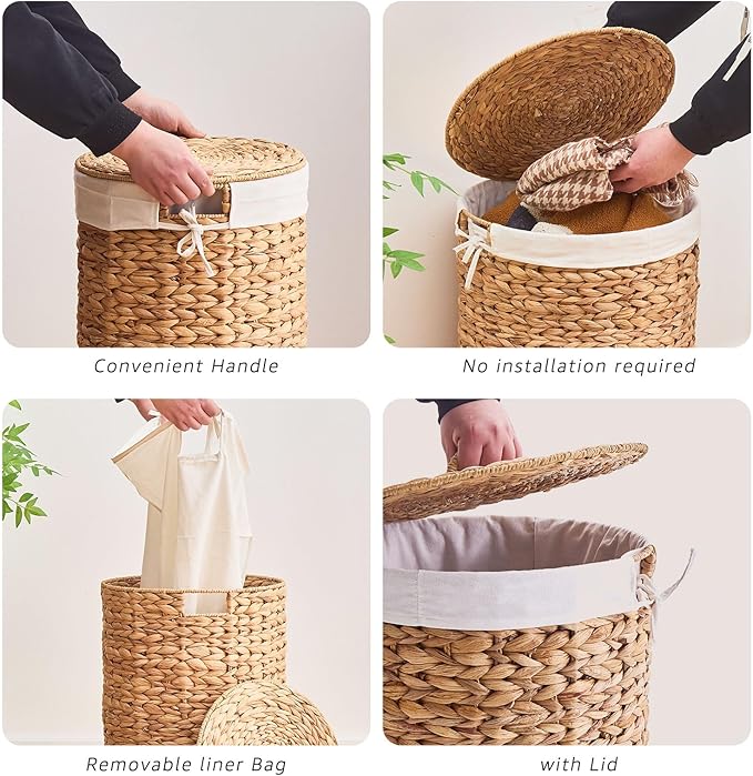Round Water Hyacinth Laundry Hamper with Lid Handwoven Wicker Basket with Handles for Dirty Clothes, Storage, and Organization, No Assembly Required, 40L
