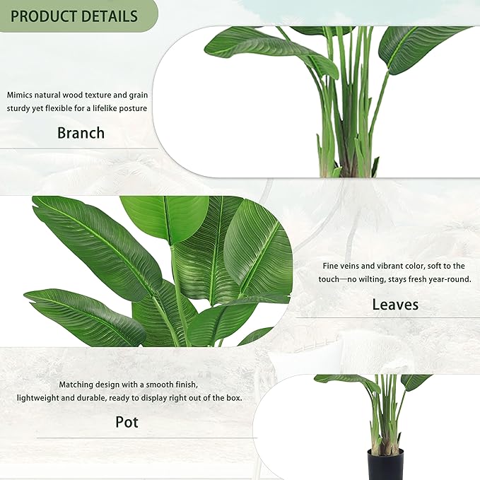 Birds of Paradise Plant Artificial, 6FT Fake Plants Faux Banana Leaf Tree with 10 Banana Leaves, Lifelike Tall Fake Tropical Palm Indoor Silk Floor Plant in Black Pot for House,Office,Room,Home Decor