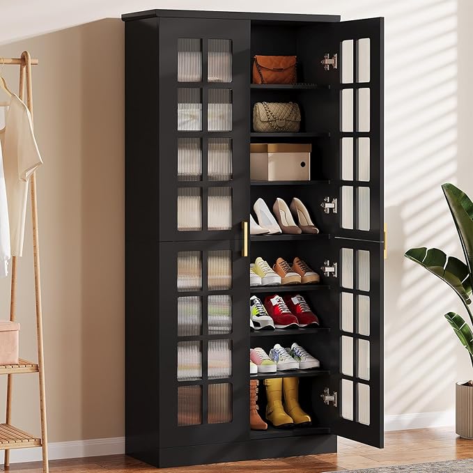 Tribesigns Tall Shoe Cabinet with Doors, 8-Tier Shoe Storage with Adjustable Shelves, Modern Shoe Organizer Shoe Rack Cabinet for Entryway, Hallway, Closet, Living Room, Black
