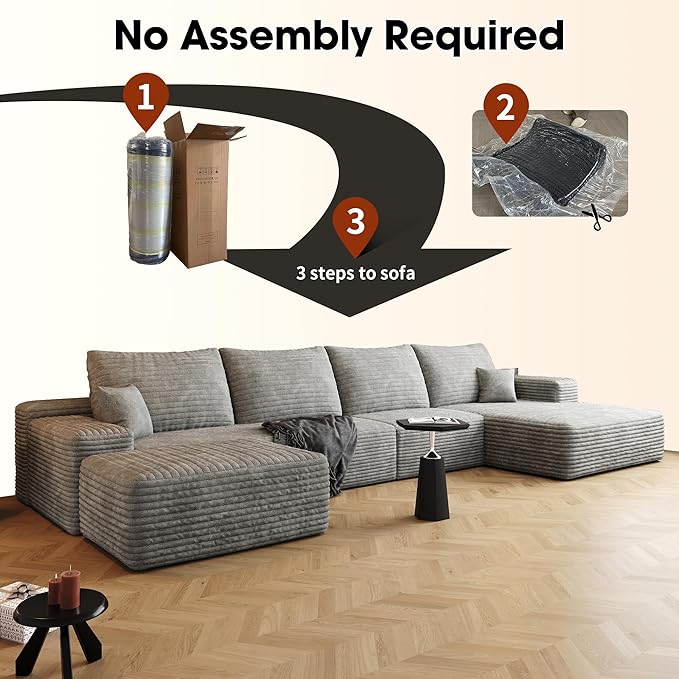 136" Sectional Couches for Living Room Modern Modular Sofa with L-Shape Couchs Upholstered Boneless Couch Deep Seat Sectional Couch with Chaise (Grey, Right Facing Chaise+3Seaters+Ottoman)