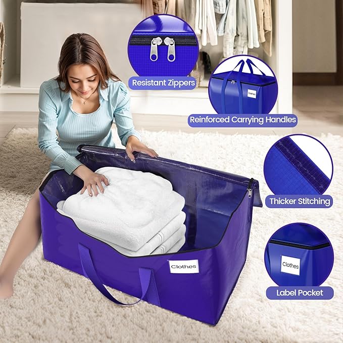 FabSpace Moving Storage Bags, Moving Supplies Packing Boxes for Moving, Camping, College Dorm Room Essentials for Girls, Blue Tote Bags, Heavy-Duty Storage Bins With Lids And Zippers, 76L 8Pack