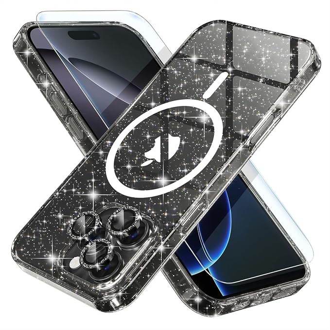 Choiche for iPhone 15 Pro Max Case Compatible with MagSafe Glitter Black | Women Girly Cute Glitter Sparkly Magnetic Phone Case with Diamond Camera Lens Protectors Military-Grade Drop Protection 6.7