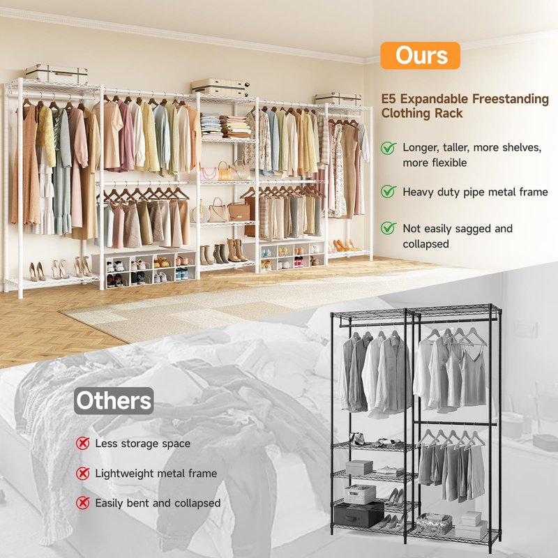 ONBRILL E5 Expandable Heavy Duty Garment Rack, Freestanding Closet Organizer System with 9 Wire Shelves & 6 Hanging Rods, Modular Metal Pipe Clothing Rack, Max Load 1350LBS, Portable Closet, White