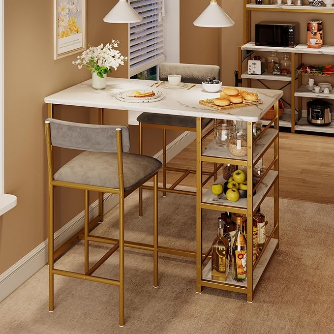 CABIHOME Dining Table Set for 2, Kitchen Table and Velvet Upholstered Chairs for 2, 3 Piece Counter Height Bar Table Set with 3 Large Storage Shelves for Small Space, Apartment, Gray and Gold White