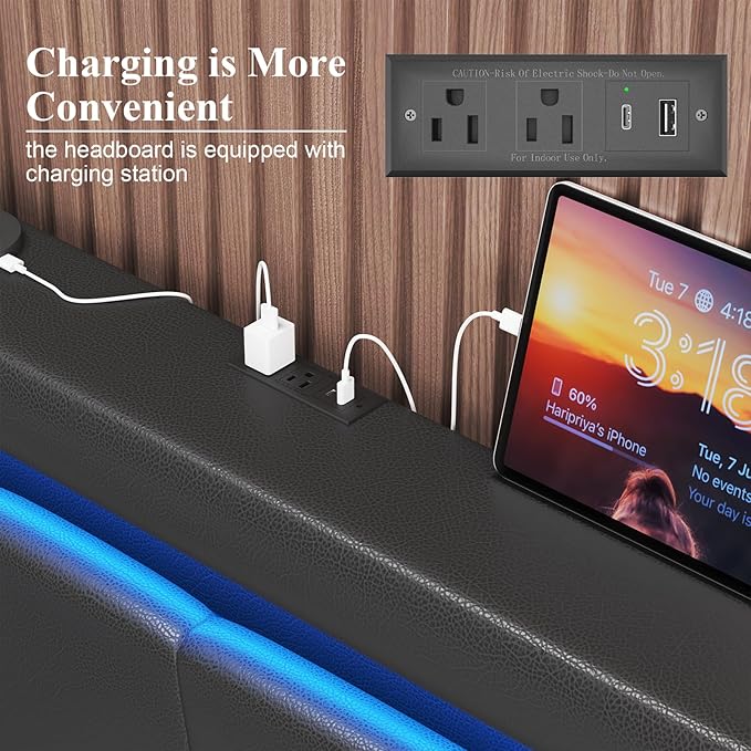 Queen Size Bed Frame with 4 Storage Drawers and LED Lights, Upholstered Platform Bed with Adjustable Headboard and Charging Station, Metal Slats Support, No Box Spring Needed,Easy Assembly, Black