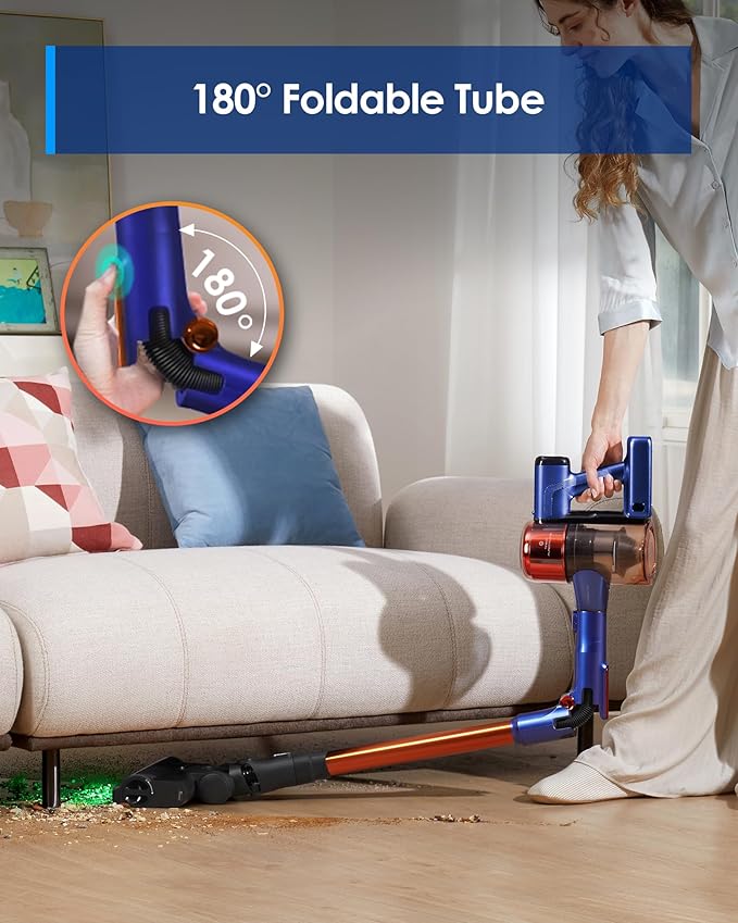 Tineco Pure ONE S70 Cordless Vacuum Cleaner, 200AW Powerful Suction, 3D Sense Pro Cleaning System, 6-Stage Filtration with 95min Runtime, Zero Tangle Brush with 180° Foldable Tube (Blue-Orange)