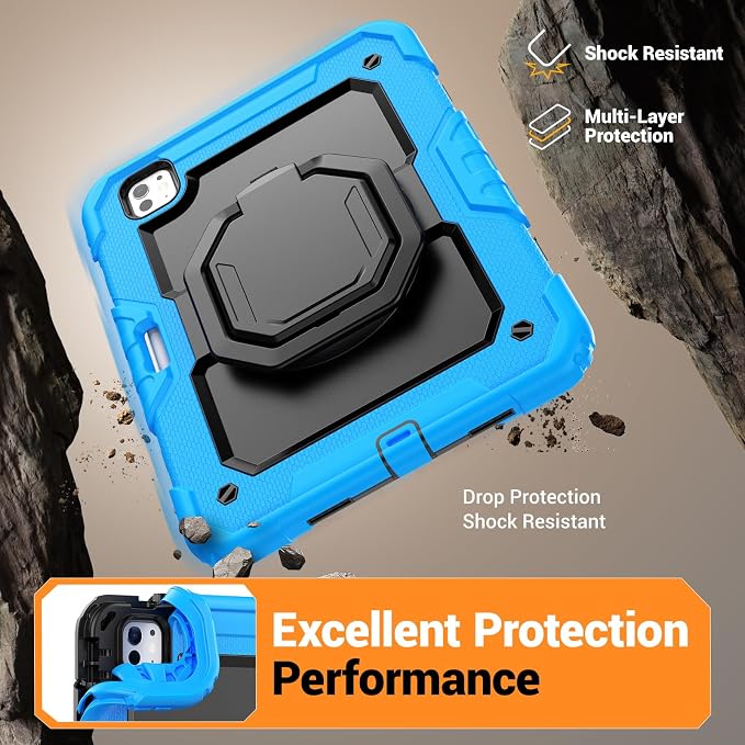 for iPad Pro 11 inch Protective Case M5 2025/M4 2024: Heavy Duty Shockproof Case with Pencil Holder - 360°Rotating Handle/Stand - Screen Protector - Shoulder Strap Black/Sky Blue