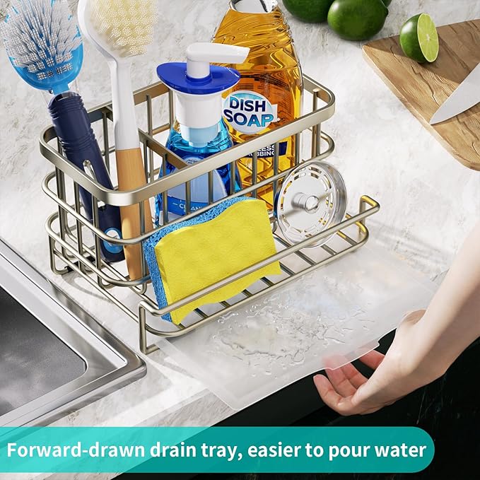 HapiRm Kitchen Sink Caddy Organizer - Versatile Sponge Holder with Drain Tray, SUS304 Stainless Steel Rustproof Kitchen Sink Organizer Storage for Countertop- Brushed Nickel