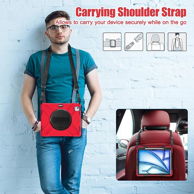 Batianda VortiGrip Case for iPad Air 11 M2/M3/M4 2024-2026 Colorful Blue | Heavy Duty Triple-Layer Rugged Case with 360° Rotating Hand Strap Foldable Hidden Stand Shoulder Strap and Pencil Holder