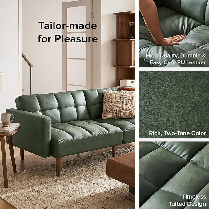 mopio 76.4" Futon Sofa Bed, Couch, Loveseat, Sleeper Sofa, Mid Century Modern Futon Couch, Sofa Cama, Couches for Living Room (Aaron PU, Sage Green)