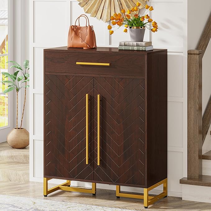 Tribesigns Shoe Cabinet with Doors, 20 Pairs Shoe Storage Cabinet with Drawer for Entryway, Modern Shoe Rack Organizer with Adjustable Shelves for Hallways Bedroom Living Room, Walnut & Gold