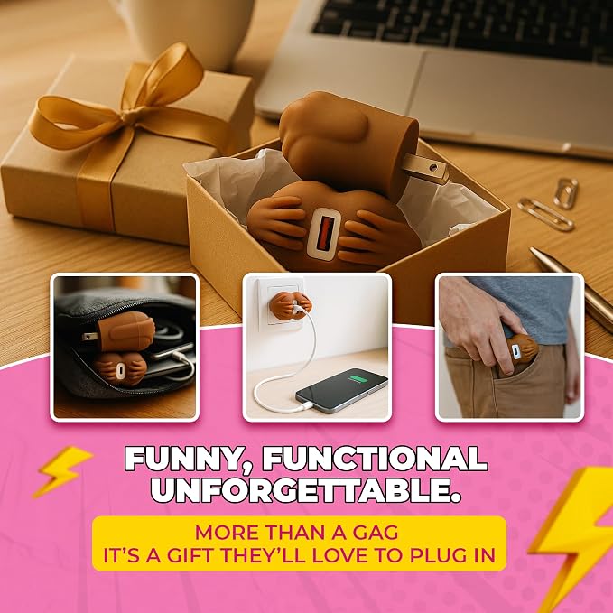 Butt-Shaped Wall Charger Block 20W Fast Charging Power Adapter Funny Gag Gift in Dark Skin Tone USB A