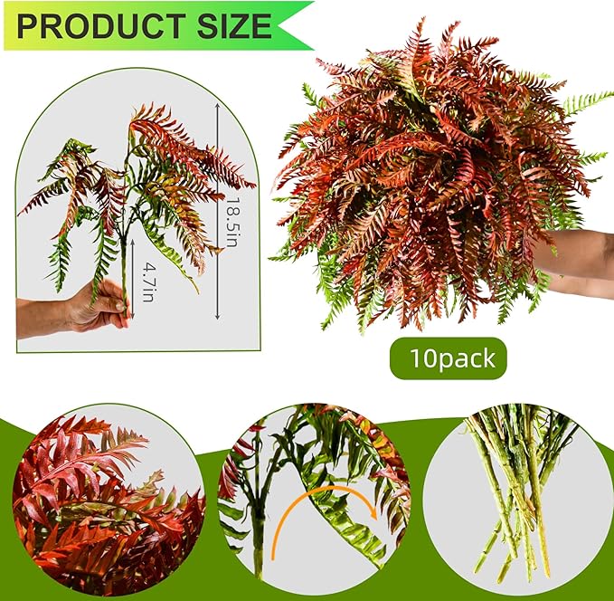Artificial Fern Plants 10 Pcs Artificial Bush Fern Plants Realistic Fake Stems Plant Fake Shrubs Greenery for Indoor Outdoor Porch Patio Window Farmhouse Garden Office Decor (10 Pcs Red)