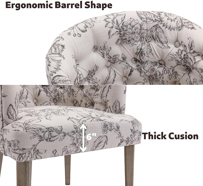 DUOMAY Modern Tufted Dining Chairs Set of 6, Linen Upholstered Side Chair, Comfy Accent Barrel Chair with Wood Legs for Home Kitchen Dining Room Living Room Restaurant, Beige Flower Pattern