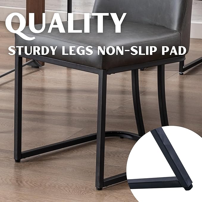 Charcoal PU Leather Dining Chairs Set of 4 Mid Century Modern Comfortable Dining Room Chair with Curved Backrest, Upholstered Kitchen Side Chairs with Black Metal Legs